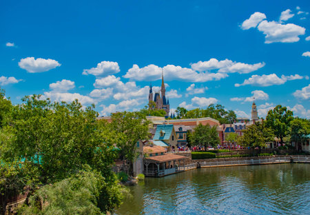 Orlando, Florida. May 17, 2019. Top view of Cinderella's Casttle and dock side of Liberty Square in...