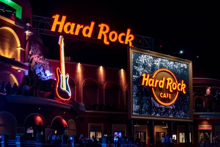Orlando, Florida. May 21, 2019. Hard Rock Cafe Signs and colorful guitar on European style builCitywalk at Universal Studios area (1)のeditorial素材