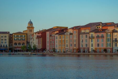 Orlando, Florida. May 21, 2019. Beautiful Italian Portofino hotel, with colorful villages and fishing boats in little bay harbor at Universal Studios area (5)のeditorial素材