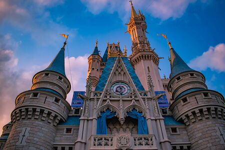 Orlando, Florida. May 10, 2019. Top view of Cinderella Castle on sunset background in Magic Kingdomのeditorial素材