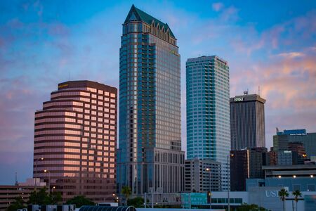 Tampa Bay, Florida. April 28, 2019. Aerial view of Downtown Tampa on sunrise (4)のeditorial素材
