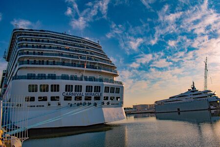 Tampa Bay, Florida. April 28, 2019. Partial view of Carnival Miracle on Cruise Terminal 3 at Port (1)のeditorial素材