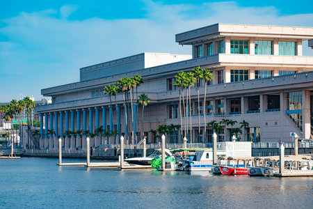 Tampa Bay, Florida. April 28, 2019. Tampa Convention Center and colorful tours boats.
