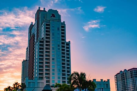 Tampa Bay, Florida. April 28, 2019 Top view of Tampa Marriot Water Street on sunrise background.のeditorial素材