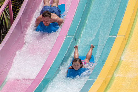 Orlando, Florida. July 01, 2019. People enjoying amazing Tamauta Racer attraction at Aquatica 1のeditorial素材