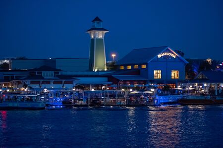 Orlando, Florida. June 15, 2019. Panoramic view of colorful dockside at blue night in Disney Springs.のeditorial素材