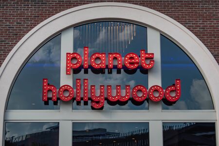 Orlando, Florida. June 15, 2019. Top view of Planet Hollywood sign in Disney Springs at Lake Buena Vista.のeditorial素材