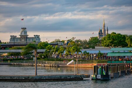 Orlando, Florida. June 03, 2019. Panoramic view of Cinderellas Castle and vintage Train Station at Magic Kingdom in Walt Disney World 1のeditorial素材