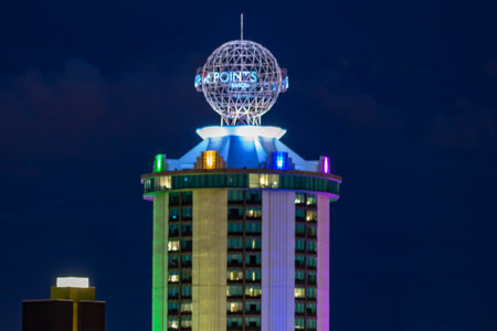 Orlando, Florida. June 13, 2019. Top view of colorful and illuminated Four Points Sheraton at...