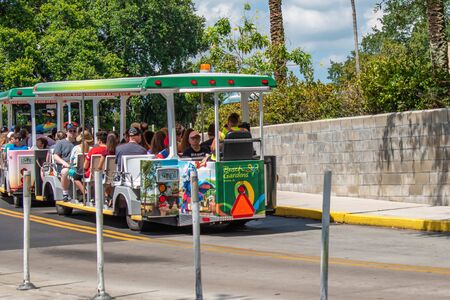 Tampa Bay, Florida. July 12, 2019 .Trams used to transport visitors between the parking lot and the entrance to Busch Gardens.のeditorial素材