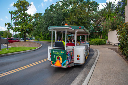 Tampa Bay, Florida. July 12, 2019 Trams used to transport visitors between the parking lot and the entrance at Busch Gardens 2のeditorial素材