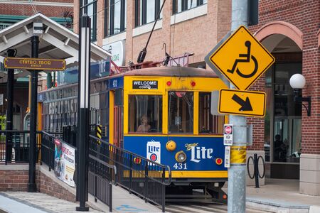 Ybor City Tampa Bay, Florida. July 12, 2019 Ybor Center Complex and colorful streetcar. Ybor City is a historic neighborhood in Tampa 4のeditorial素材