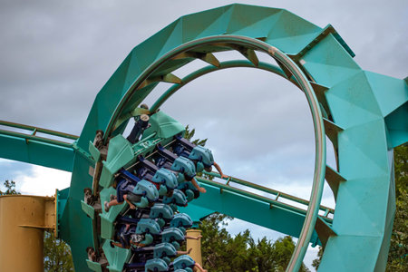 Orlando, Florida. July 25, 2019. People having fun amazing Kraken rollercoaster at Seaworld 3