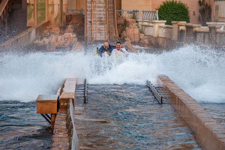 Orlando, Florida. July 25, 2019. People having fun Journey to Atlantis, with spectacular splashing...
