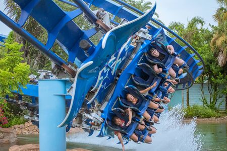 Orlando, Florida. July 25, 2019. People having fun Ray blanket rollercoaster at Seaworld.のeditorial素材