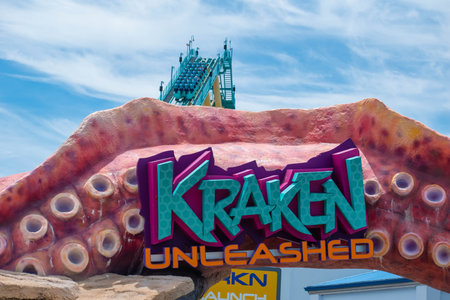 Orlando, Florida. July 31, 2019. Top view of colorful sign Kraken and rollercoaster at Seaworld 1