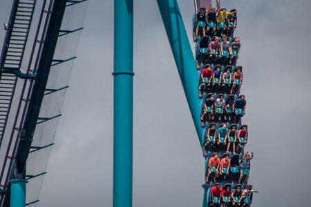 Orlando, Florida. July 29, 2019. People having fun riding Mako rollercoaster during summer vacation...