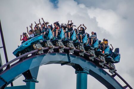Orlando, Florida. July 29, 2019. People having fun riding Mako rollercoaster during summer vacation at Seaworld 97のeditorial素材