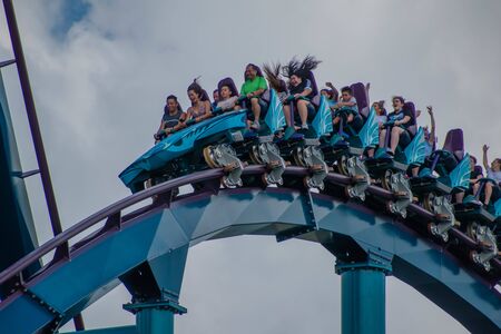 Orlando, Florida. July 29, 2019. People having fun riding Mako rollercoaster during summer vacation at Seaworld 100のeditorial素材