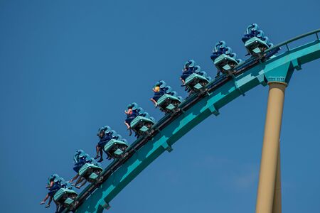 Orlando, Florida. July 29, 2019. People having fun terrific Kraken rollercoaster at Seaworld 2のeditorial素材