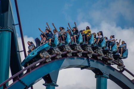 Orlando, Florida. July 29, 2019. People screaming, laughing and enjoying Mako rollercoaster at Seaworld 18のeditorial素材