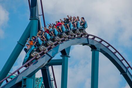 Orlando, Florida. July 29, 2019. People screaming, laughing and enjoying Mako rollercoaster at Seaworld 33のeditorial素材
