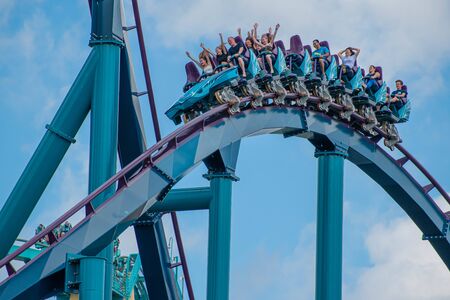 Orlando, Florida. July 29, 2019. People screaming, laughing and enjoying Mako rollercoaster at Seaworld 35のeditorial素材