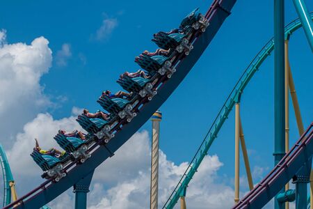 Orlando, Florida. July 29, 2019. People screaming, laughing and enjoying Mako rollercoaster at Seaworld 39のeditorial素材