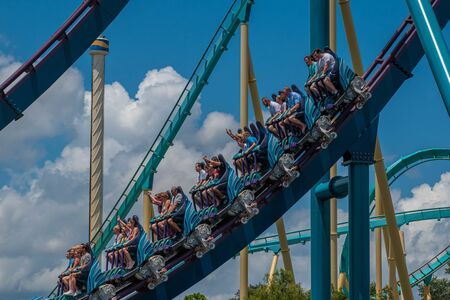 Orlando, Florida. July 29, 2019. People screaming, laughing and enjoying Mako rollercoaster at Seaworld 43のeditorial素材