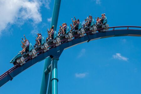 Orlando, Florida. July 29, 2019. People screaming, laughing and enjoying Mako rollercoaster at Seaworld 45のeditorial素材