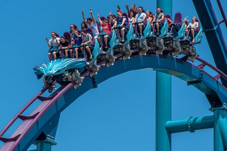 Orlando, Florida. July 29, 2019. People screaming, laughing and enjoying Mako rollercoaster at Seaworld 49のeditorial素材