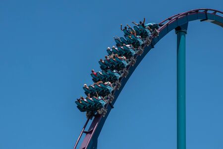 Orlando, Florida. July 29, 2019. People screaming, laughing and enjoying Mako rollercoaster at Seaworld 61のeditorial素材