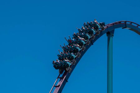 Orlando, Florida. July 29, 2019. People screaming, laughing and enjoying Mako rollercoaster at Seaworld 65のeditorial素材