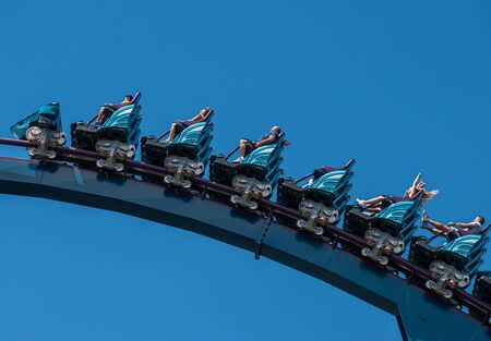 Orlando, Florida. July 29, 2019. People screaming, laughing and enjoying Mako rollercoaster at Seaworld 69のeditorial素材