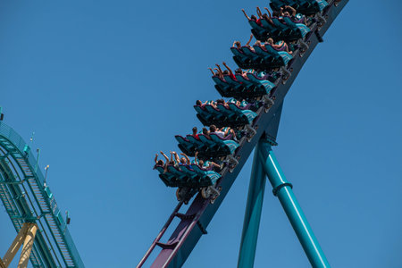 Orlando, Florida . July 29, 2019. People having amazing fun Mako rollercoaster during summer...