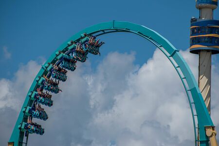 Orlando, Florida. July 29, 2019. People enjoying amazing riding Kraken rollercoaster during summer vacation at Seaworld 37のeditorial素材