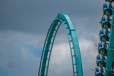 Orlando, Florida. July 29, 2019. People enjoying riding Kraken rollercoaster during summer vacation at Seaworld 37のeditorial素材