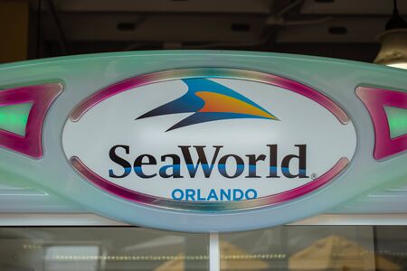 Orlando, Florida. July 26, 2019. Top view of Seaworld Orlando sign in International Drive area.のeditorial素材