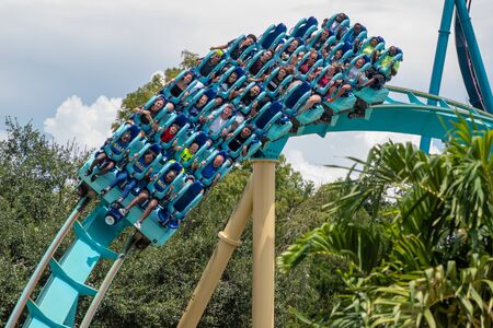 Orlando, Florida . July 31, 2019. People enjoying amazing Kraken rollercoaster during summer vacation at Seaworld 29のeditorial素材