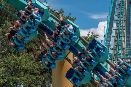Orlando, Florida . July 31, 2019. People enjoying amazing Kraken rollercoaster during summer vacation at Seaworld 64のeditorial素材