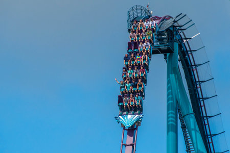 Orlando, Florida. July 29, 2019. People having fun riding Mako rollercoaster during summer vacation...