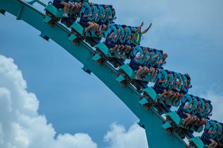 Orlando, Florida. July 26, 2019. People enjoying Kraken rollercoaster at Seaworld 3のeditorial素材