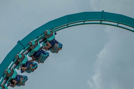 Orlando, Florida. July 26, 2019. People having fun Kraken rollercoaster during summer vacation at Seaworld 2のeditorial素材