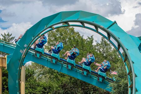 Orlando, Florida . July 31, 2019. People enjoying amazing Kraken rollercoaster during summer vacation at Seaworld 78のeditorial素材