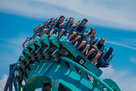 Orlando, Florida . July 31, 2019. People enjoying riding Kraken rollercoaster during summer vacation at Seaworld 1のeditorial素材
