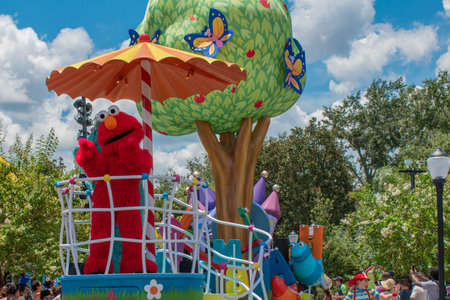 Orlando, Florida. July 30, 2019. Colorful float helmet in Sesame Street Party Parade at Seaworld 1