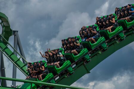 Orlando, Florida. August 07, 2019. People having amazing fun The Incredible Hulk rollercoaster, during summer vacation at Island of Adventure 26のeditorial素材