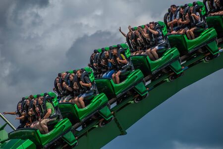 Orlando, Florida. August 07, 2019. People having amazing fun The Incredible Hulk rollercoaster, during summer vacation at Island of Adventure 44のeditorial素材