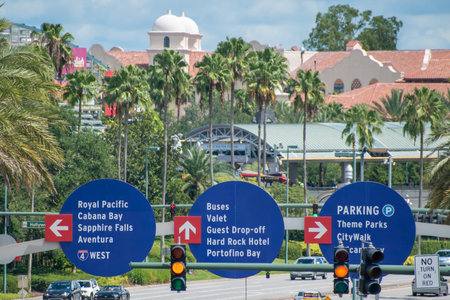 Orlando, Florida. August 07, 2019. Top view of Hotel and Theme Park signs at Universal Studios area.
