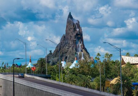 Orlando, Florida. August 07, 2019. Panoramic view of Volcano Bay from Universal Boulevard bridge at Universal Studios area 1のeditorial素材